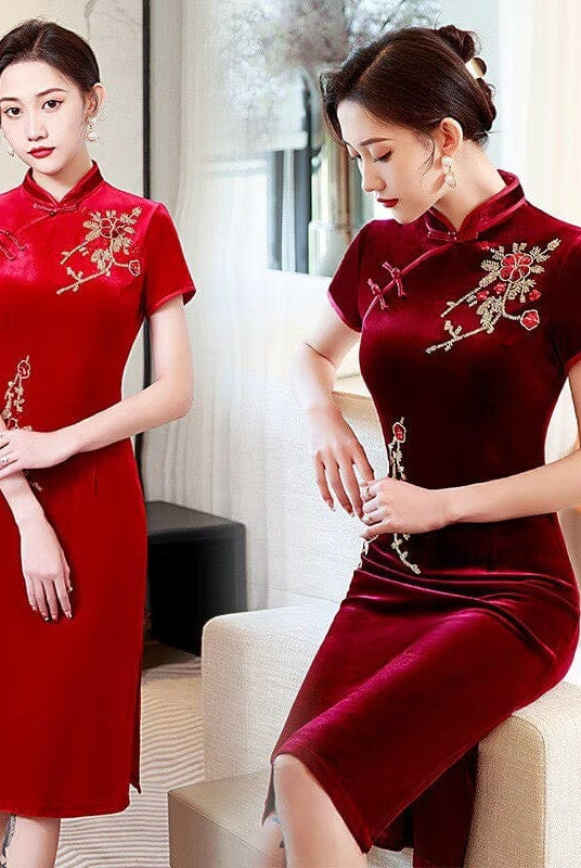 Beth and Brian Qipao-FS Floral pattern, velvet midi plus size Cheongsam for mothers