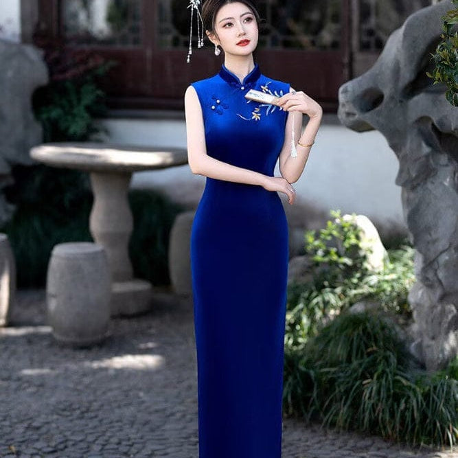 Beth and Brian Qipao-FS Old Shanghai style, sleeveless velvet long Cheongsam