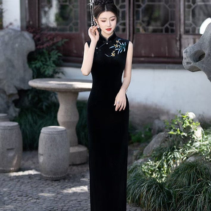 Beth and Brian Qipao-FS Old Shanghai style, sleeveless velvet long Cheongsam