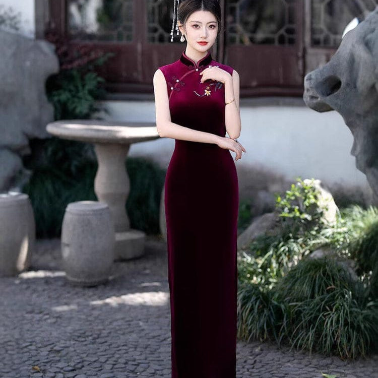 Beth and Brian Qipao-FS Old Shanghai style, sleeveless velvet long Cheongsam