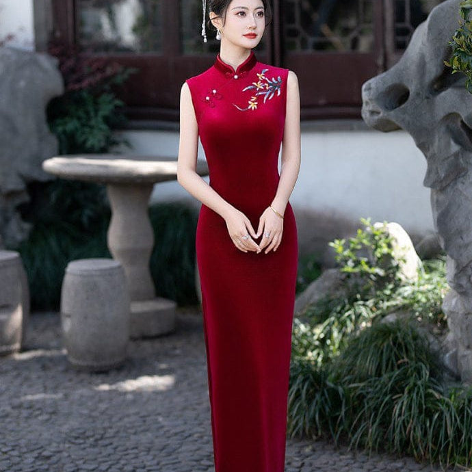 Beth and Brian Qipao-FS Old Shanghai style, sleeveless velvet long Cheongsam