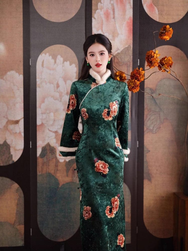 Beth and Brian Qipao-HYY Winter collection, green midi Qipao with Fur-Trimmed Sleeve