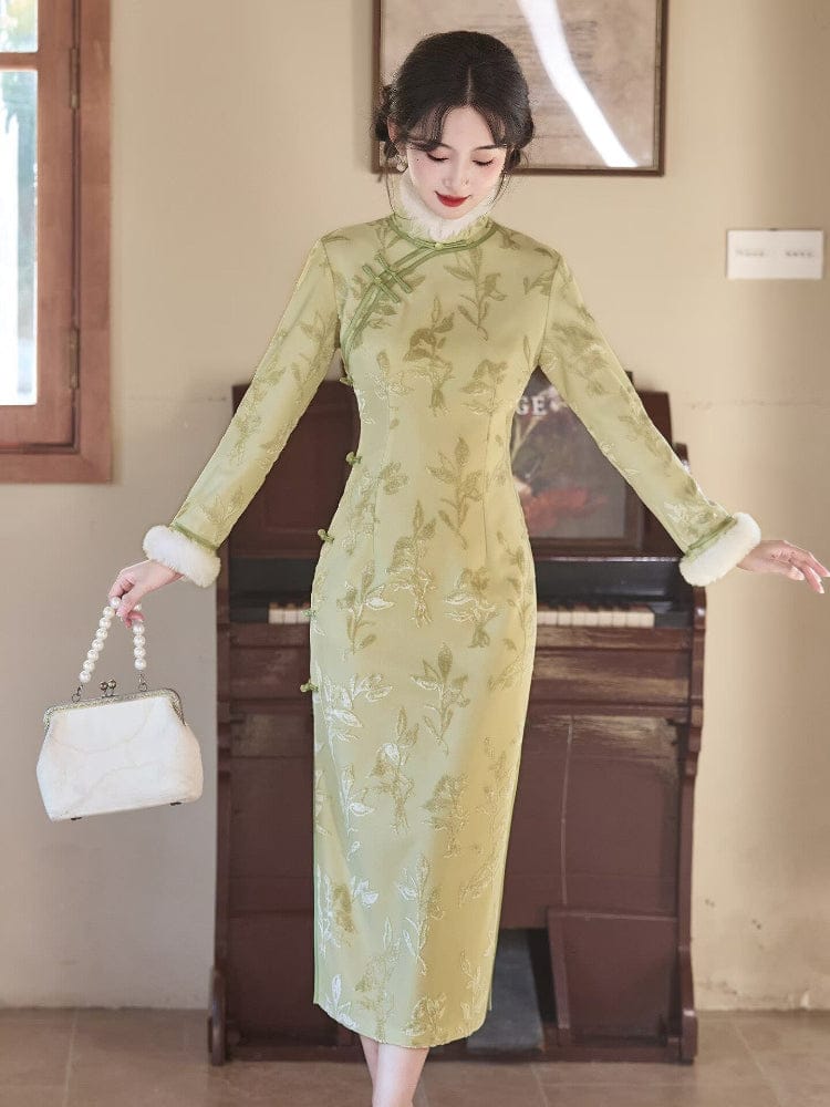 Beth and Brian Qipao-LSB Leaf pattern, jacquard fabric, green midi Cheongsam with Fur-Trimmed Sleeves