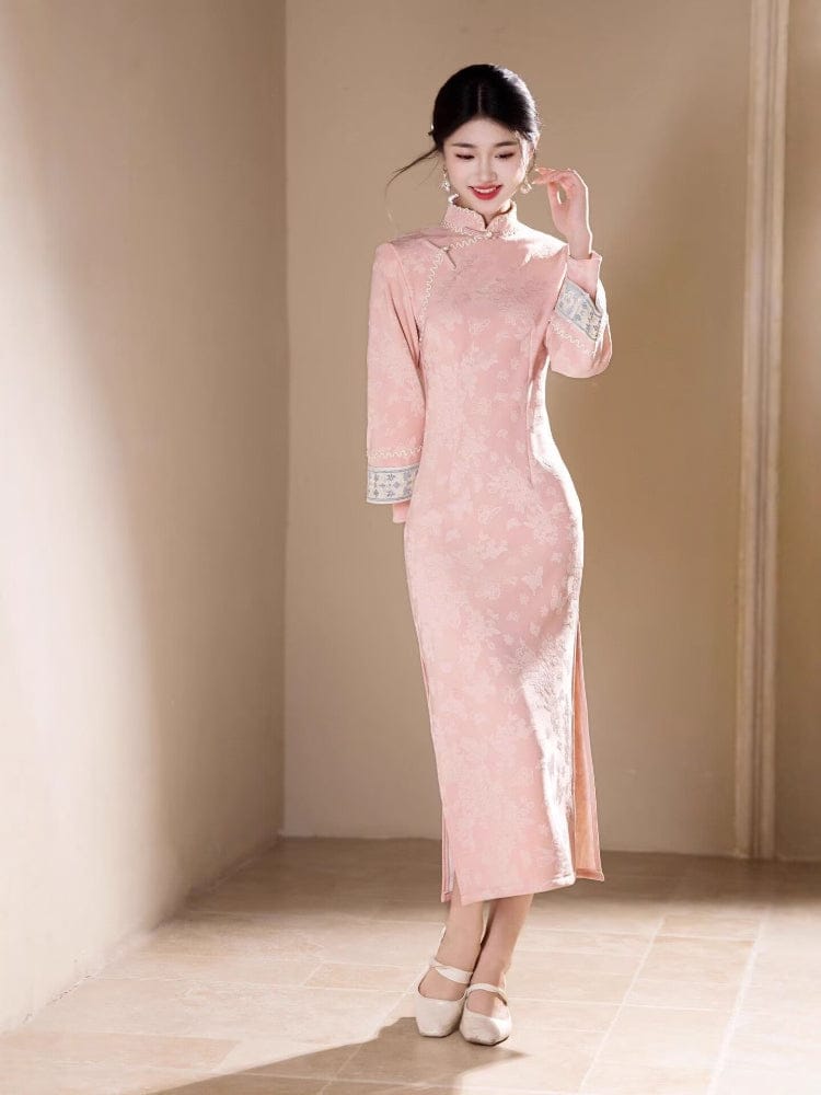 Beth and Brian Qipao-HYY Butterfly pattern, jacquard fabric, pink midi Cheongsam