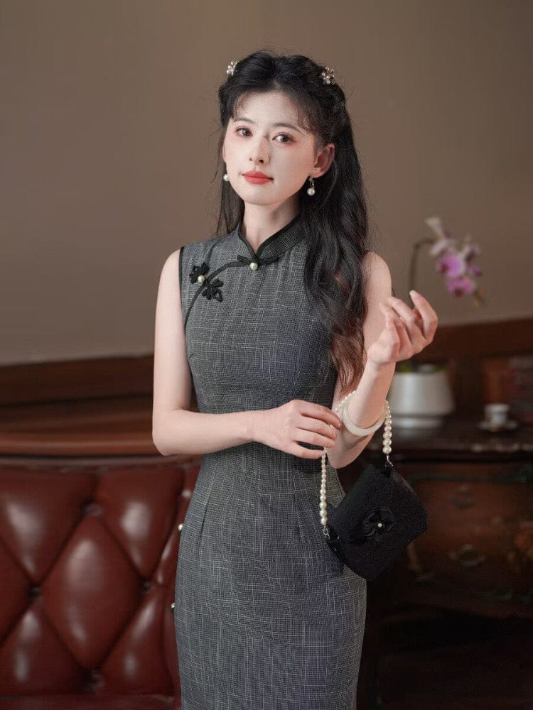Beth and Brian Qipao-MYJ Old Shanghai style, plaid pattern, dark grey midi Cheongsam