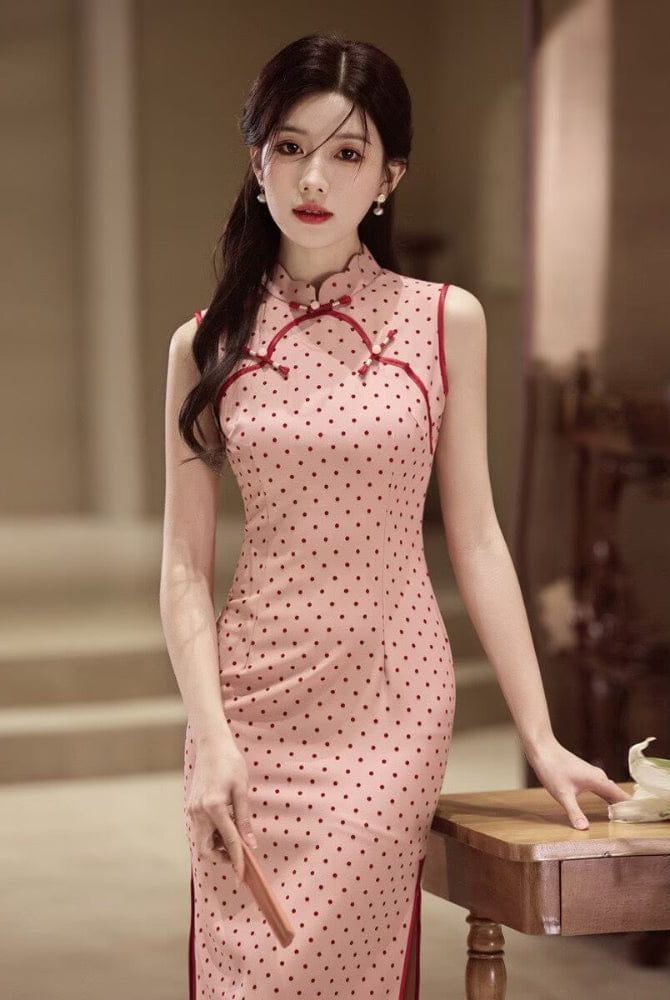 Beth and Brian Qipao-MYJ Polkadot pattern, pink midi Cheongsam
