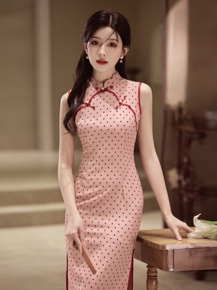 Beth and Brian Qipao-MYJ Polkadot pattern, pink midi Cheongsam