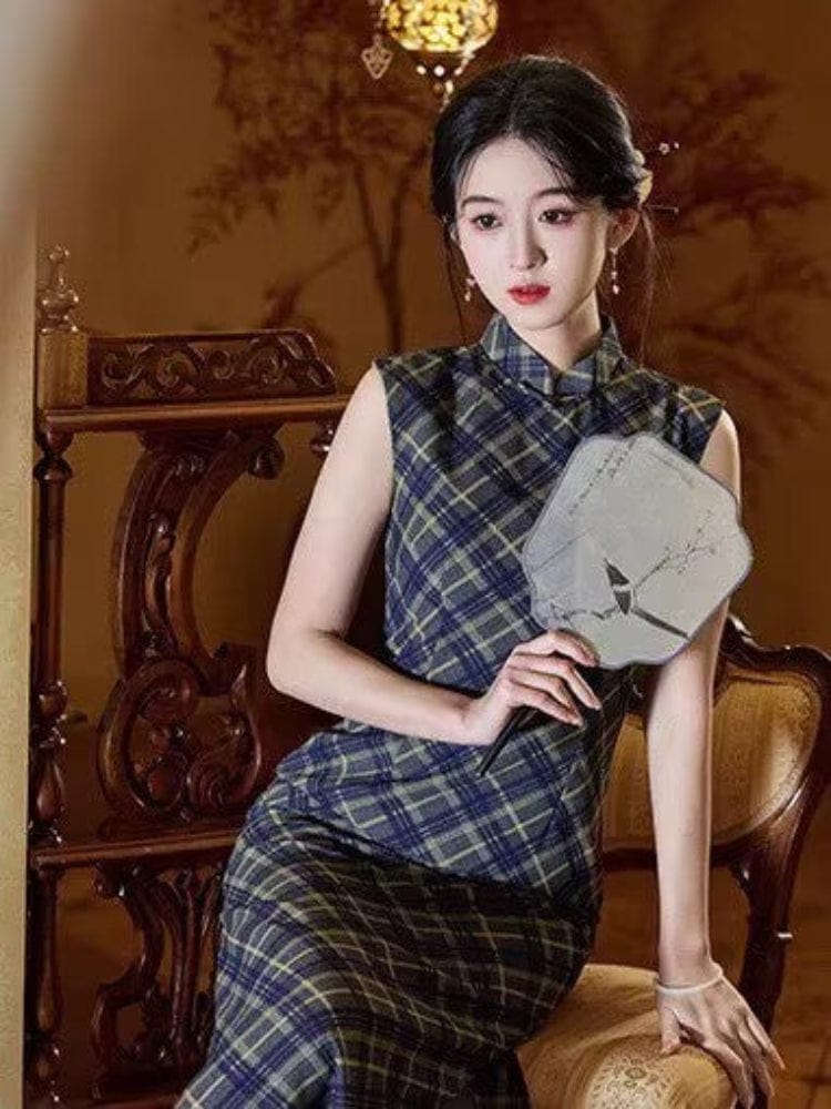 Beth and Brian Qipao-XL Plaid pattern, blue midi Cheongsam