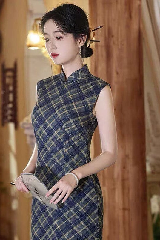 Beth and Brian Qipao-XL Plaid pattern, blue midi Cheongsam
