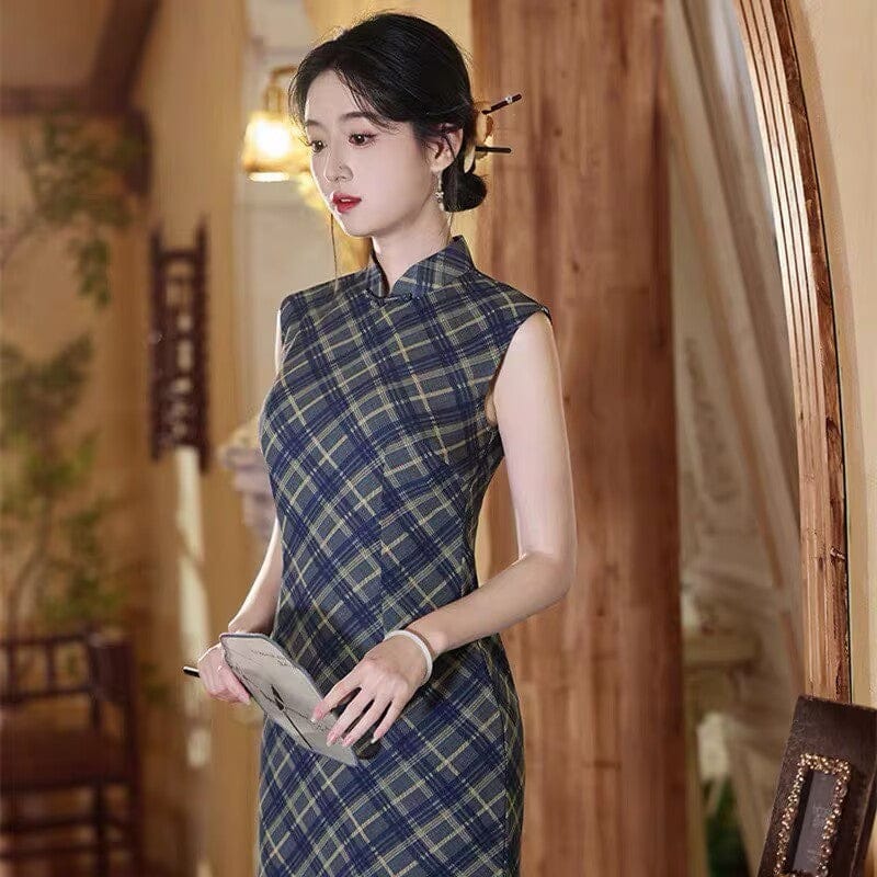 Beth and Brian Qipao-XL Plaid pattern, blue midi Cheongsam