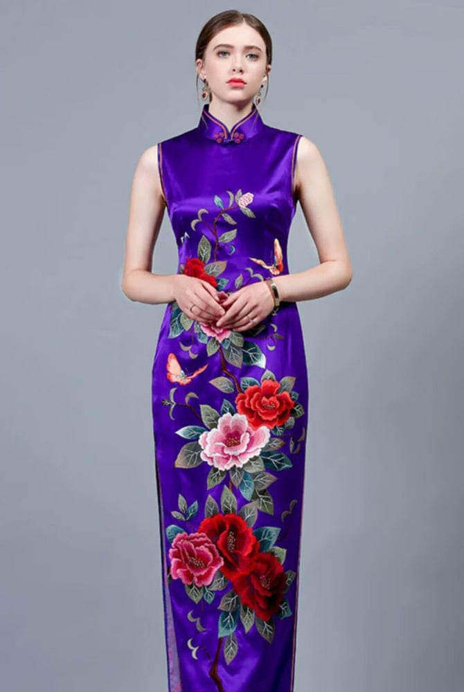 Beth and Brian Qipao-PS Customizble hand-embroidery, 30 mome mulberry silk, high-end purple long Qipao