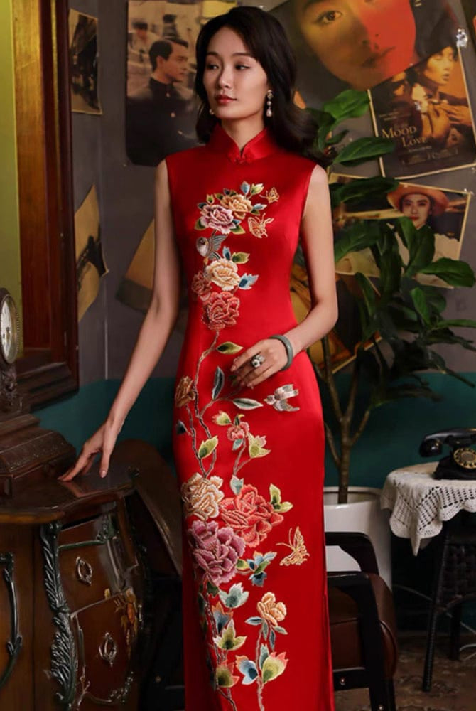 Beth and Brian Qipao-PS Customizble Floral Embroidery, 30 mome mulberry silk, high-end long Cheongsam