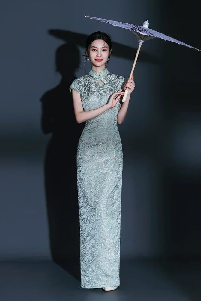 Beth and Brian Qipao-KY Water-drop collar, floral pattern, green long plus size Cheongsam
