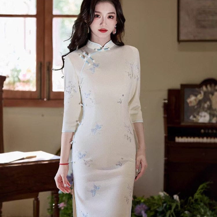 Beth and Brian Qipao-TMX Three quarter sleeves, butterfly daily midi Cheongsam