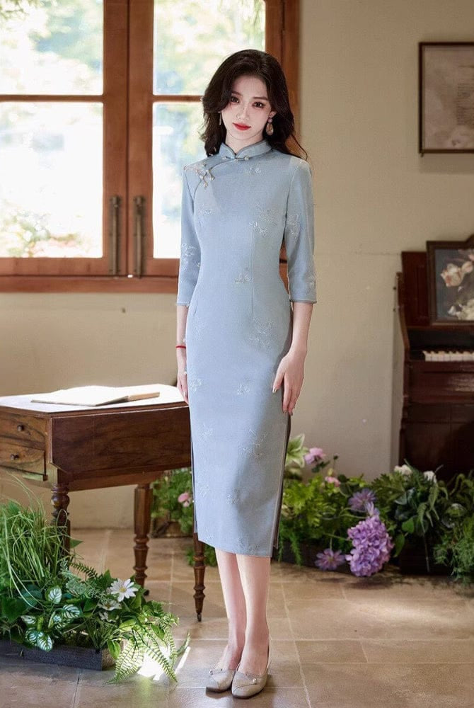 Beth and Brian Qipao-TMX Three quarter sleeves, butterfly daily midi Cheongsam