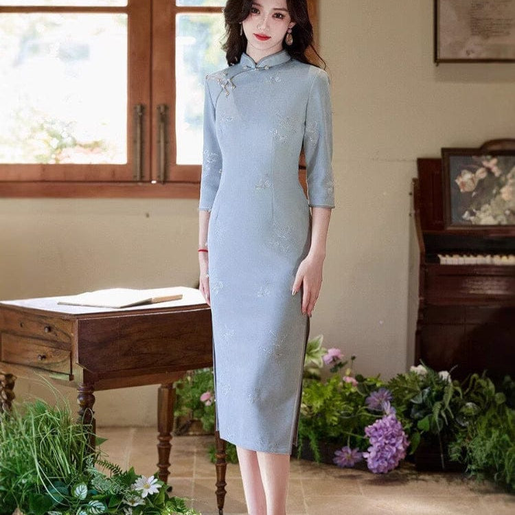 Beth and Brian Qipao-TMX Three quarter sleeves, butterfly daily midi Cheongsam