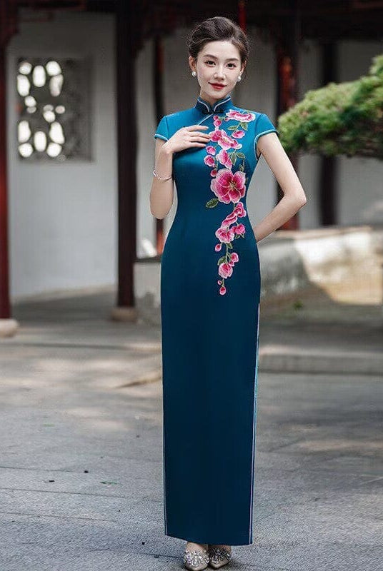 Beth and Brian Qipao-LMO Floral embroidery, plus size, blue long Cheongsam for mother