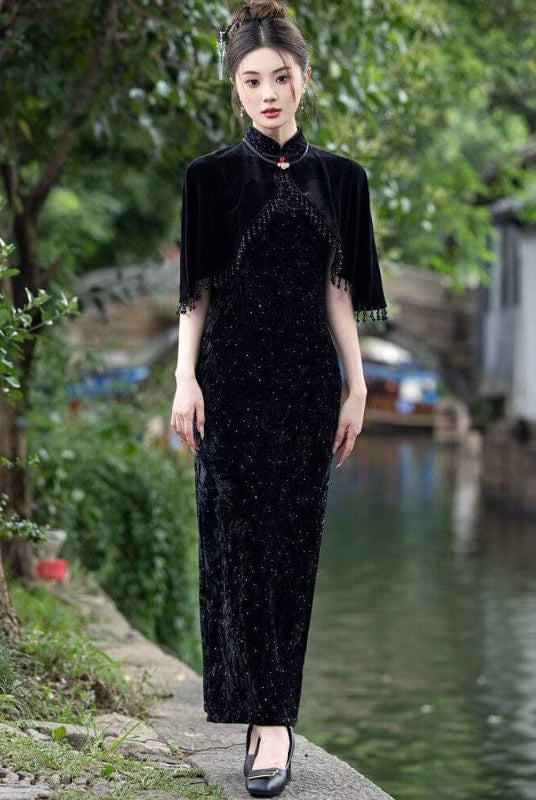 Beth and Brian Qipao-YS Fall and winter collection, Velvet fabric, balck long Cheongsam set