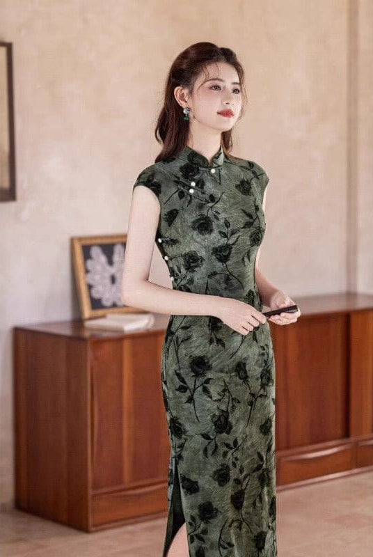 Beth and Brian Qipao-MYJ Rose pattern, Tie-dye, dark green long Cheongsam