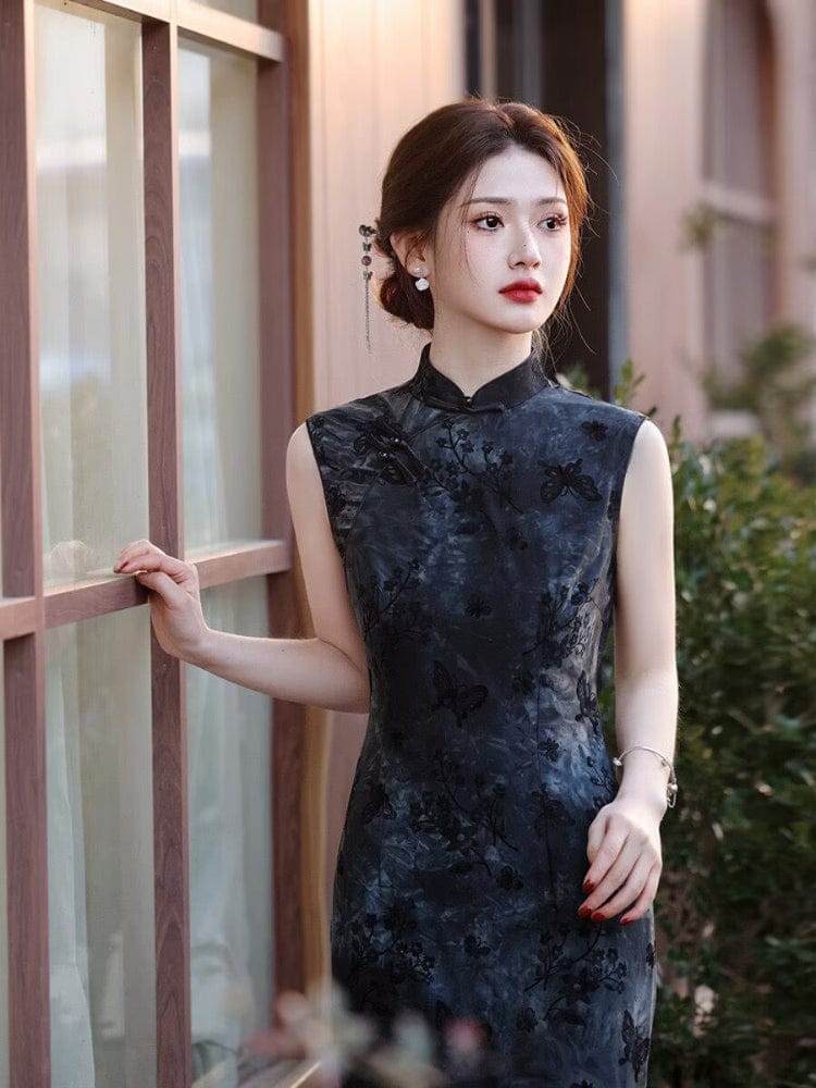 Beth and Brian Qipao-MYJ Flocking fabric, floral and butterfly pattern, black midi Cheongsam