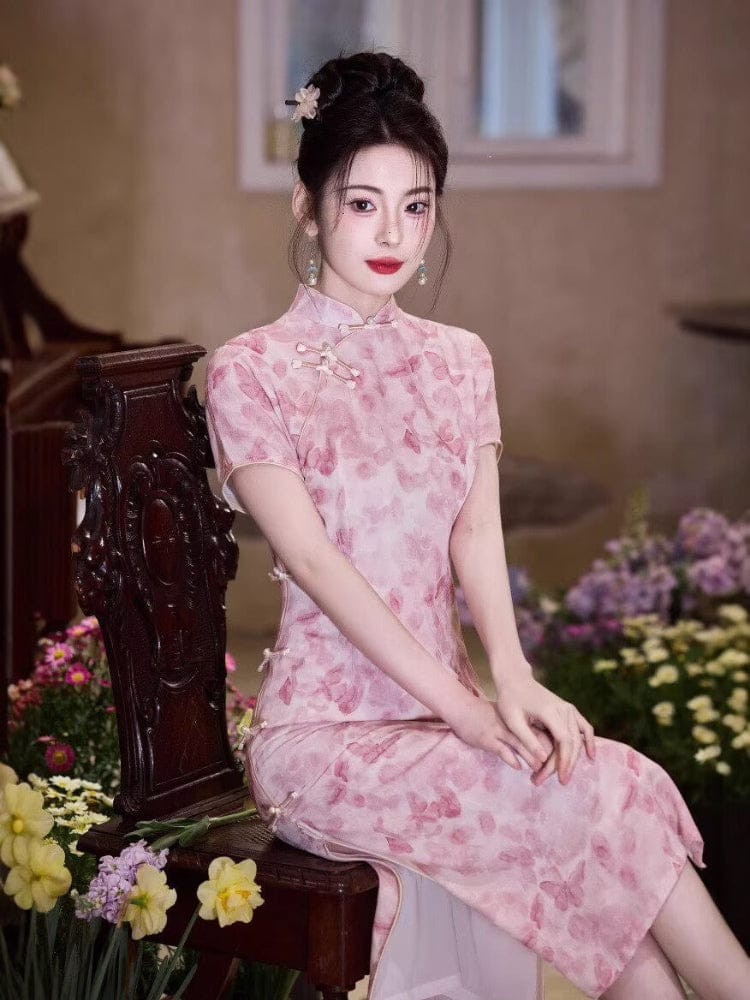 Beth and Brian Qipao-JLM Butterfly pattern, jacquard fabric, pink midi Cheongsam