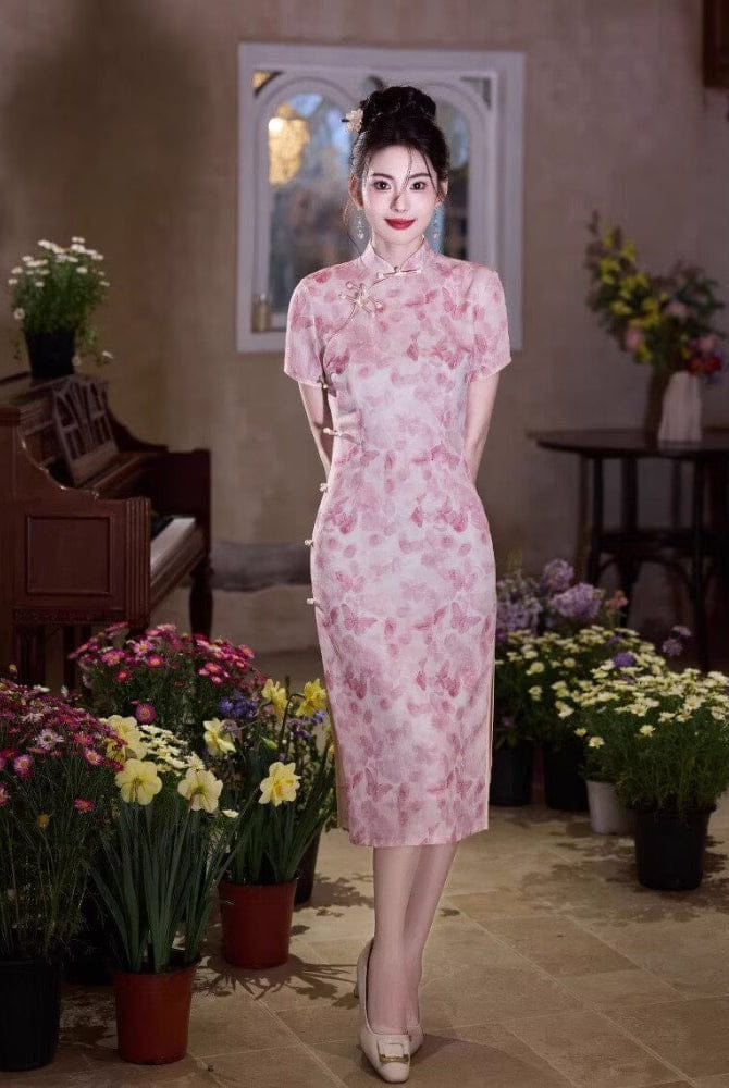 Beth and Brian Qipao-JLM Butterfly pattern, jacquard fabric, pink midi Cheongsam