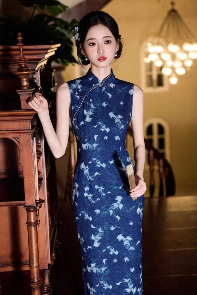 Beth and Brian Qipao-JLM Butterfly pattern, blue midi Cheongsam