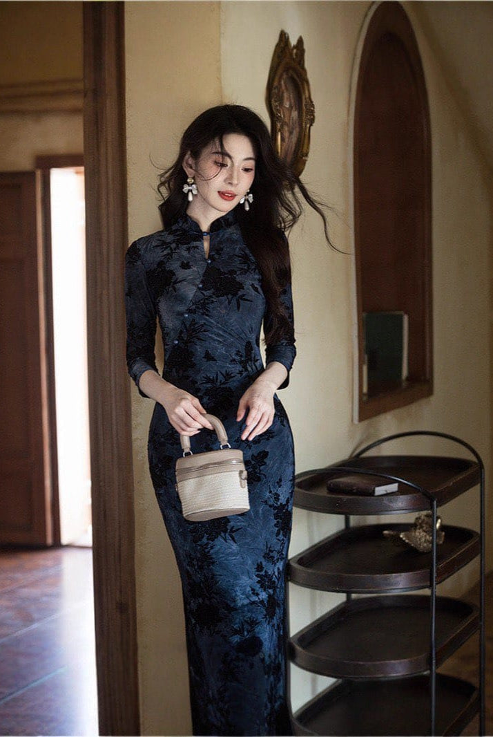 Beth and Brian Qipao-JLM Flocking fabric, floral pattern, blue long Cheongsam