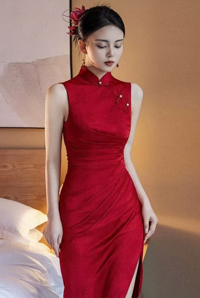 Beth and Brian Qipao-YNF Sleeveless, floral jacquard midi Cheongsam