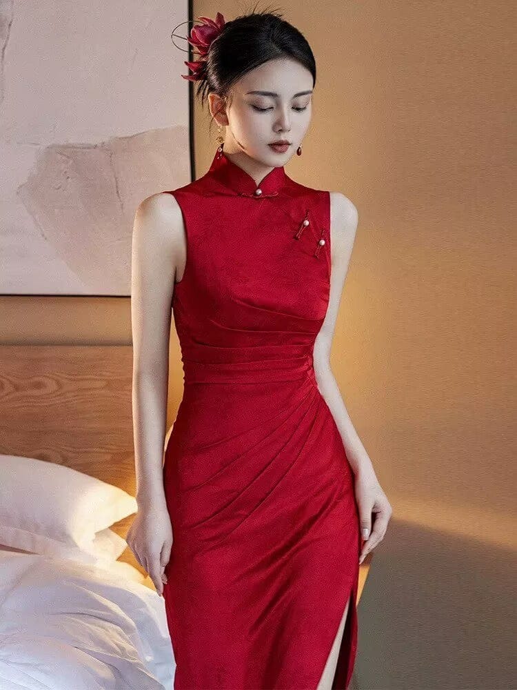 Beth and Brian Qipao-YNF Sleeveless, floral jacquard midi Cheongsam