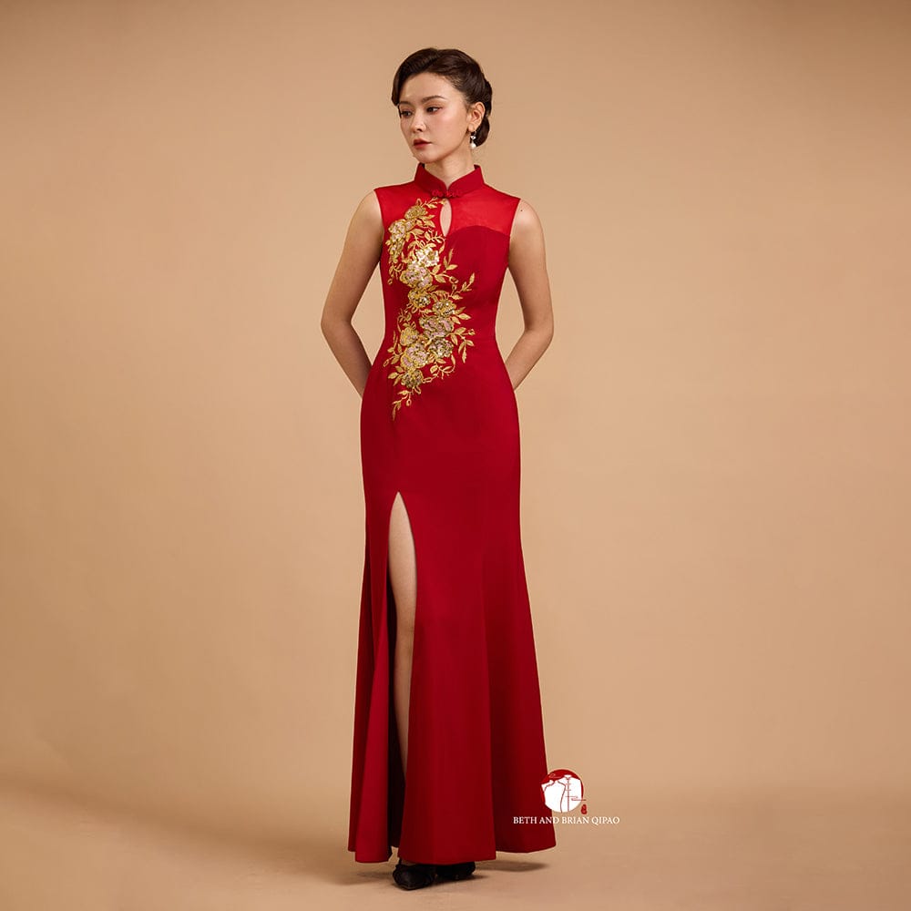 Beth and Brian Qipao-YB Exclusive designer collection, Floral embroidery, Mermaid red long Qipao
