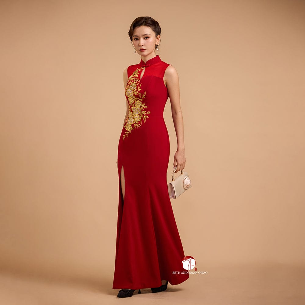 Beth and Brian Qipao-YB Exclusive designer collection, Floral embroidery, Mermaid red long Qipao