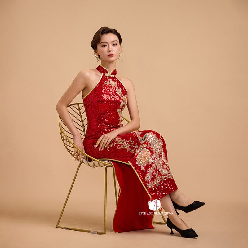 Beth and Brian Qipao-SD Exclusive designer collection, Peacock embroidery, red sequins long Qipao