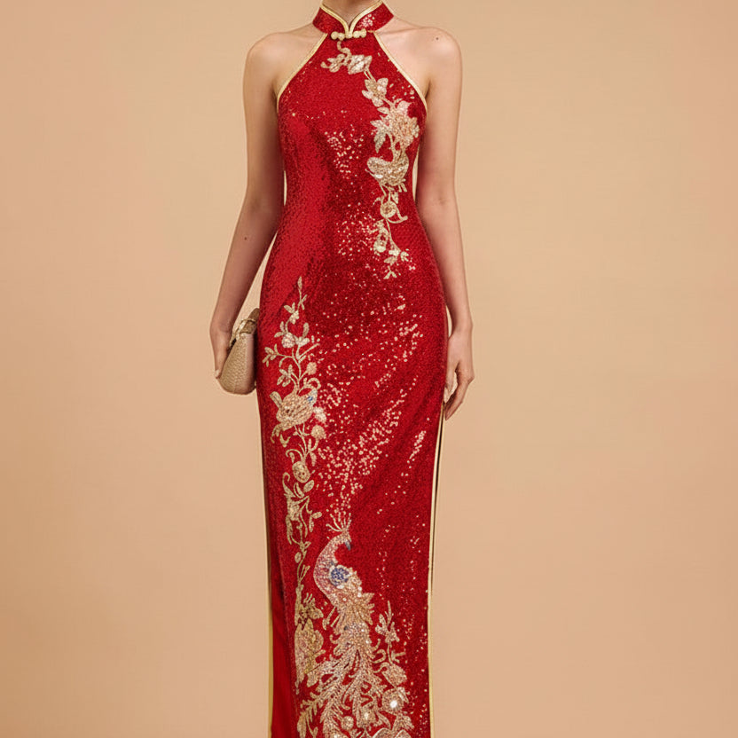 Beth and Brian Qipao-SD Exclusive designer collection, Peacock embroidery, red sequins long Qipao