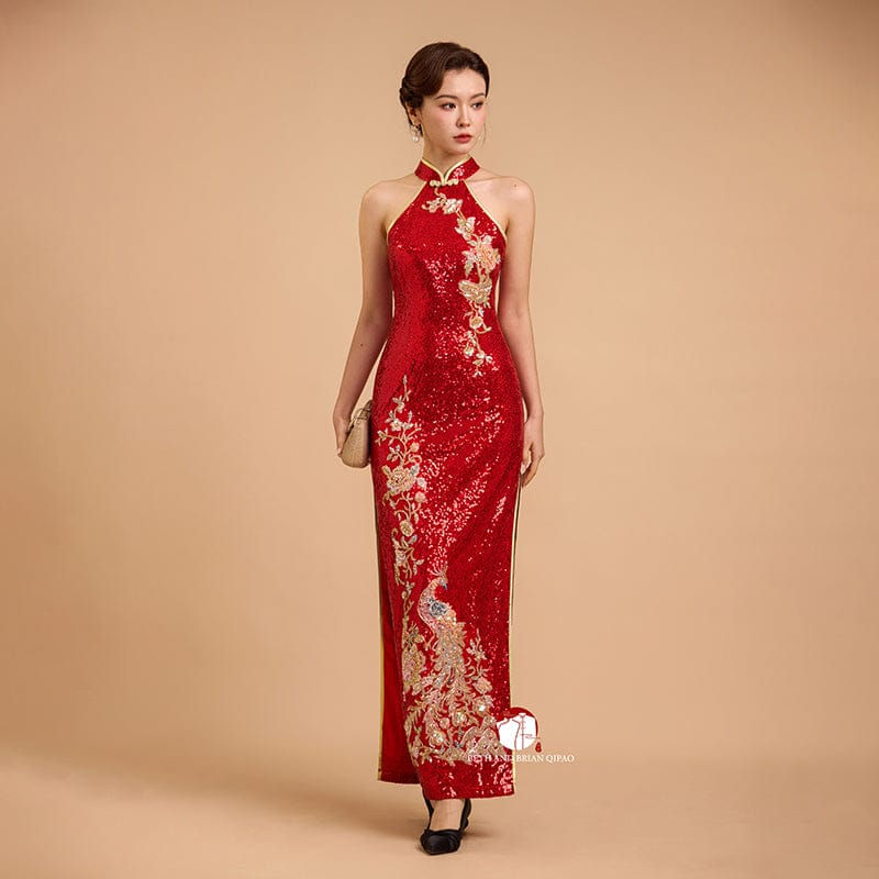 Beth and Brian Qipao-SD Exclusive designer collection, Peacock embroidery, red sequins long Qipao