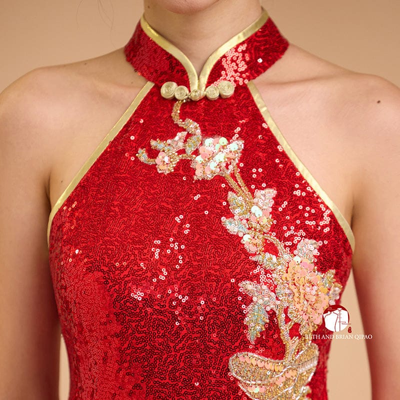 Beth and Brian Qipao-SD Exclusive designer collection, Peacock embroidery, red sequins long Qipao