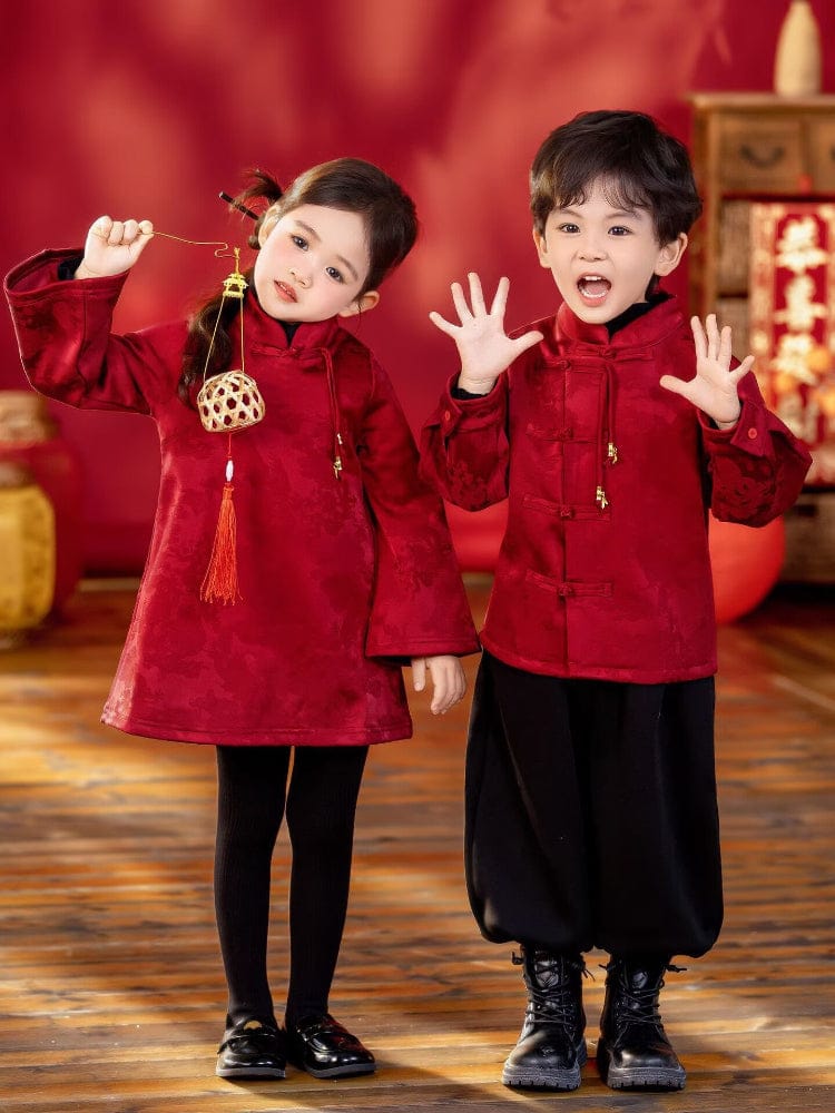 Beth and Brian Qipao-YC Chinese outfit for boy, wine red Tang suit&Qipao