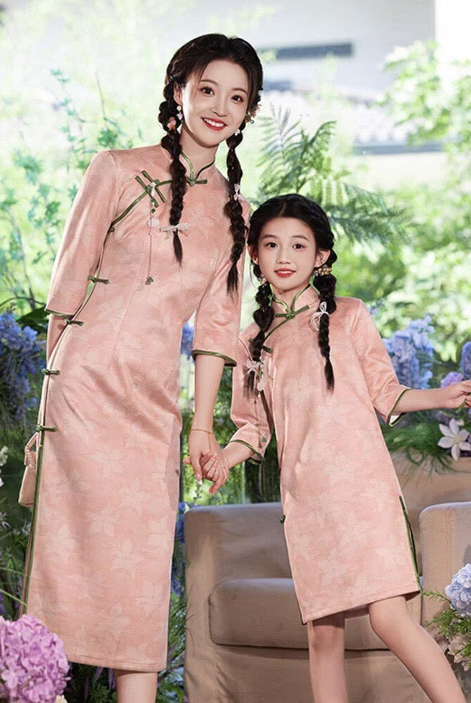 Beth and Brian Qipao-WQ Parent-child outfit, floral pattern midi Cheongsam