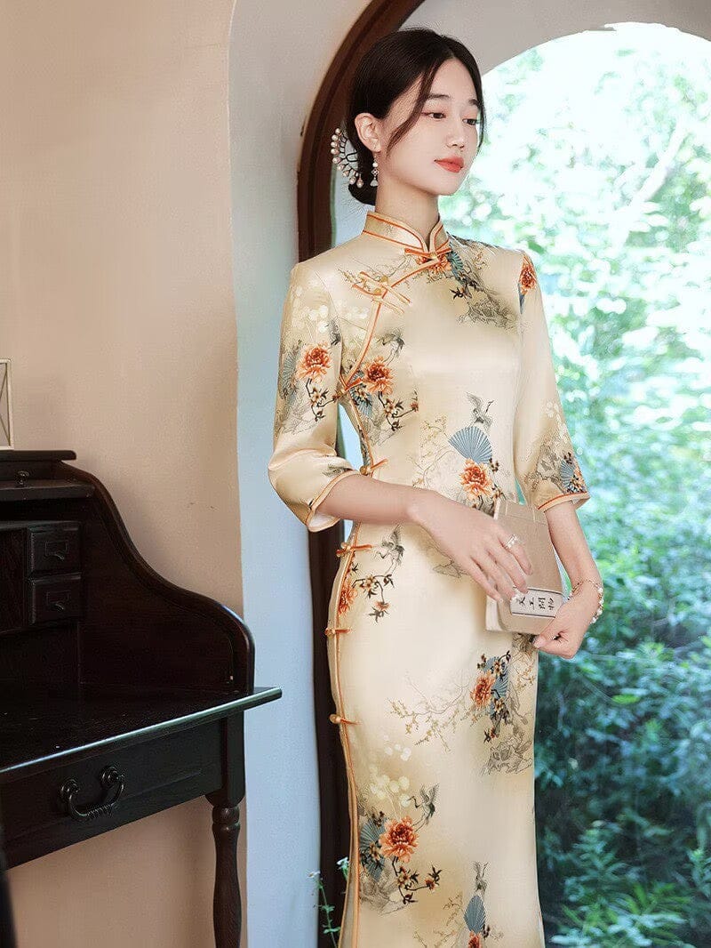 Beth and Brian Qipao-WQ Three quarter sleeves, floral daily long Cheongsam