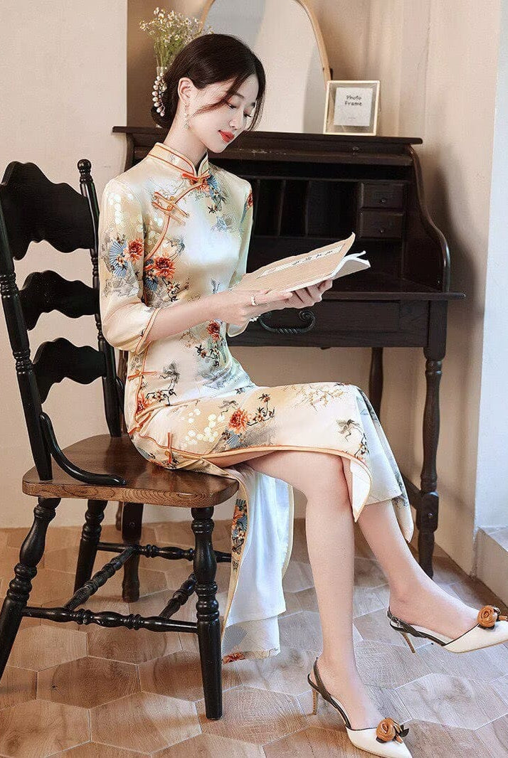 Beth and Brian Qipao-WQ Three quarter sleeves, floral daily long Cheongsam