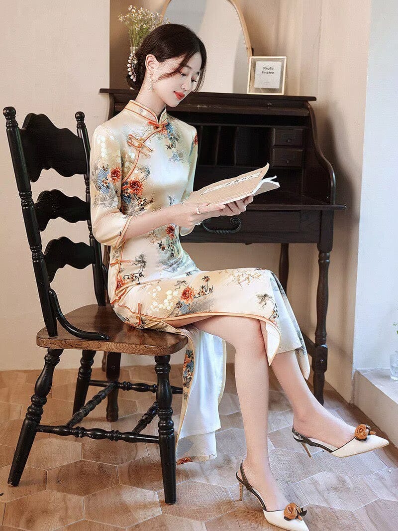 Beth and Brian Qipao-WQ Three quarter sleeves, floral daily long Cheongsam