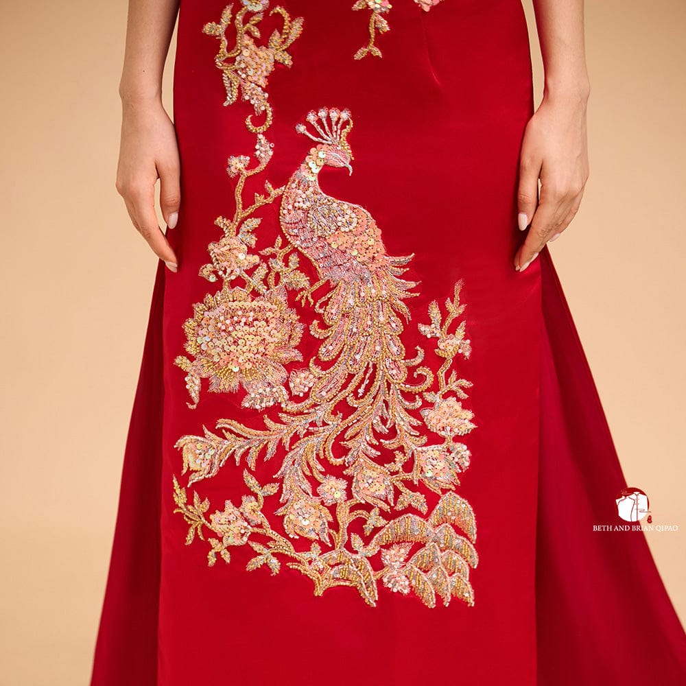 Beth and Brian Qipao - Exclusive Exclusive designer collection,Peacock Embroidery, Halter long Qipao with Train