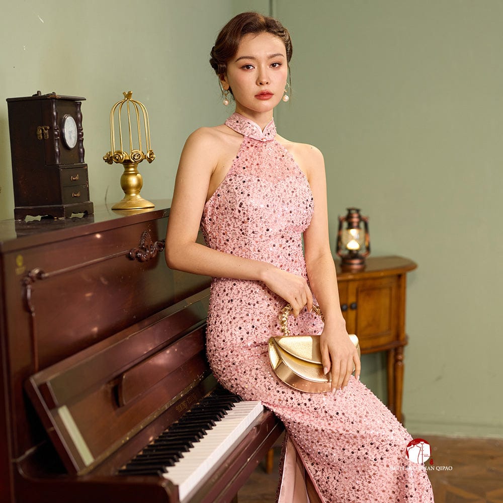 Beth and Brian Qipao-Exclusivedesigner Exclusive designer collection, halter pink sequins long Qipao