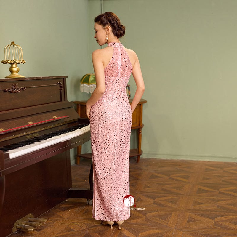 Beth and Brian Qipao-Exclusivedesigner Exclusive designer collection, halter pink sequins long Qipao
