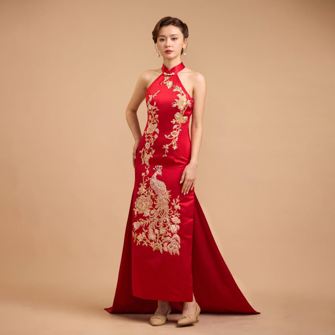 Beth and Brian Qipao - Exclusive Exclusive designer collection,Peacock Embroidery, Halter long Qipao with Train