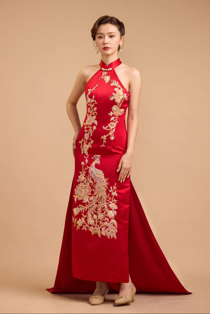Beth and Brian Qipao - Exclusive Exclusive designer collection,Peacock Embroidery, Halter long Qipao with Train