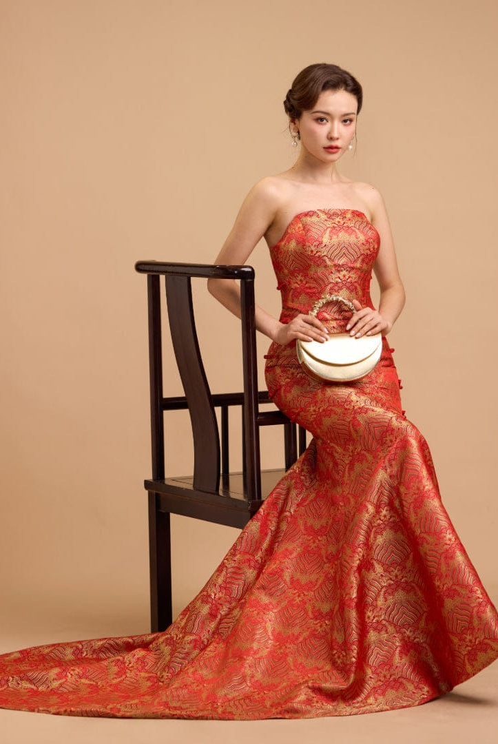 Beth and Brian Qipao-Exclusivedesigner Exclusive designer collection,Fortune Cloud pattern, tube brocade fishtail Qipao