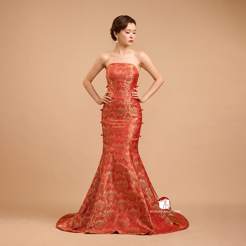 Beth and Brian Qipao-Exclusivedesigner Exclusive designer collection,Fortune Cloud pattern, tube brocade fishtail Qipao