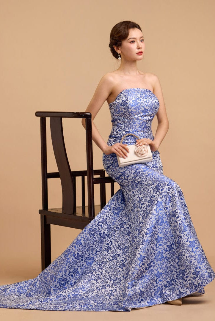 Beth and Brian Qipao-Exclusivedesigner Exclusive designer collection,Blue and white porcelain, tube brocade fishtail cheongsam