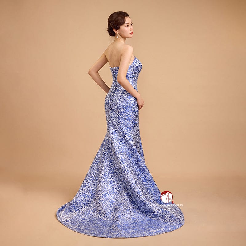 Beth and Brian Qipao-Exclusivedesigner Exclusive designer collection,Blue and white porcelain, tube brocade fishtail cheongsam